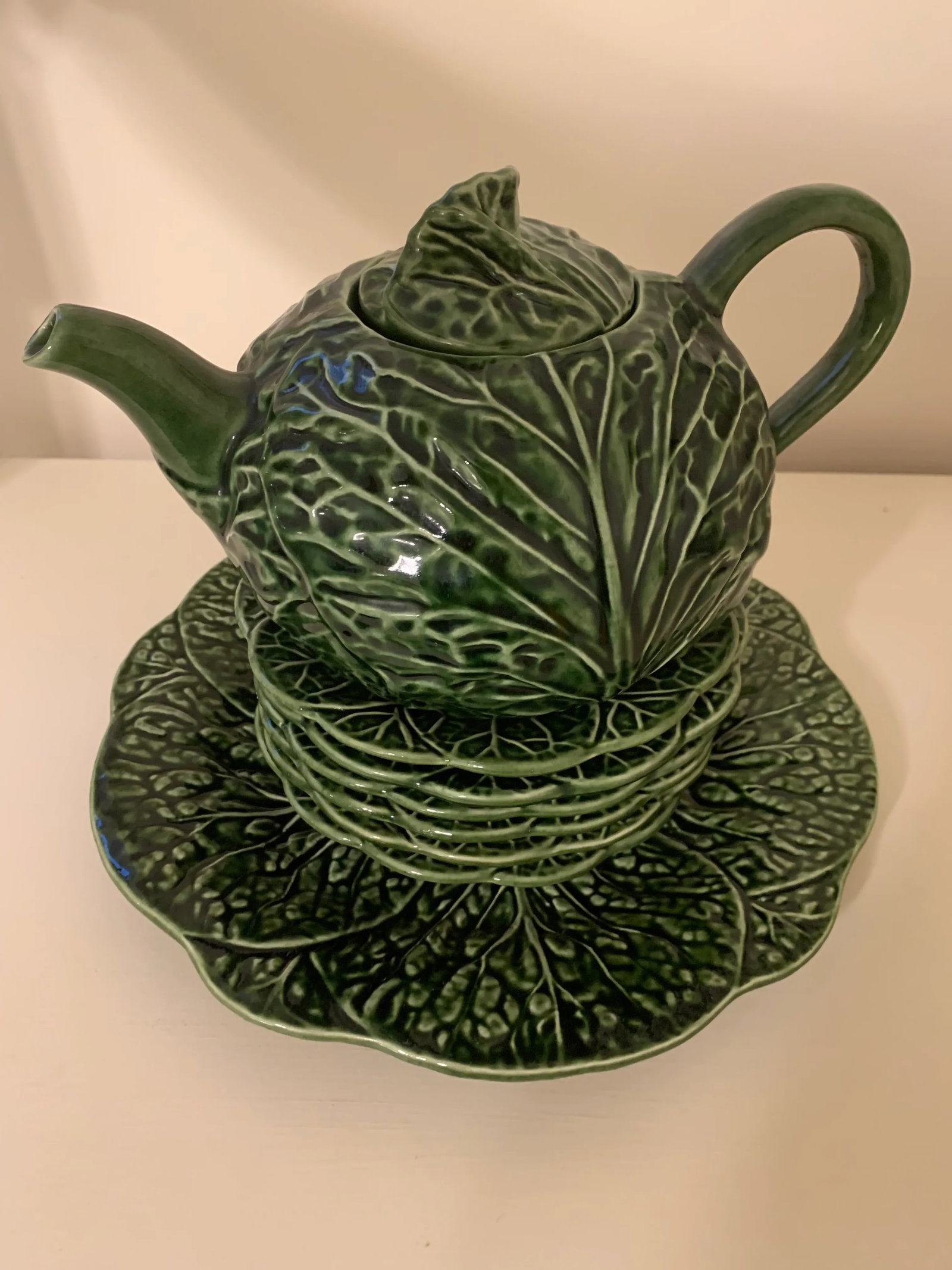Vintage Cabbage Leaf Tea Pot & Platters - Set of 8 - 10