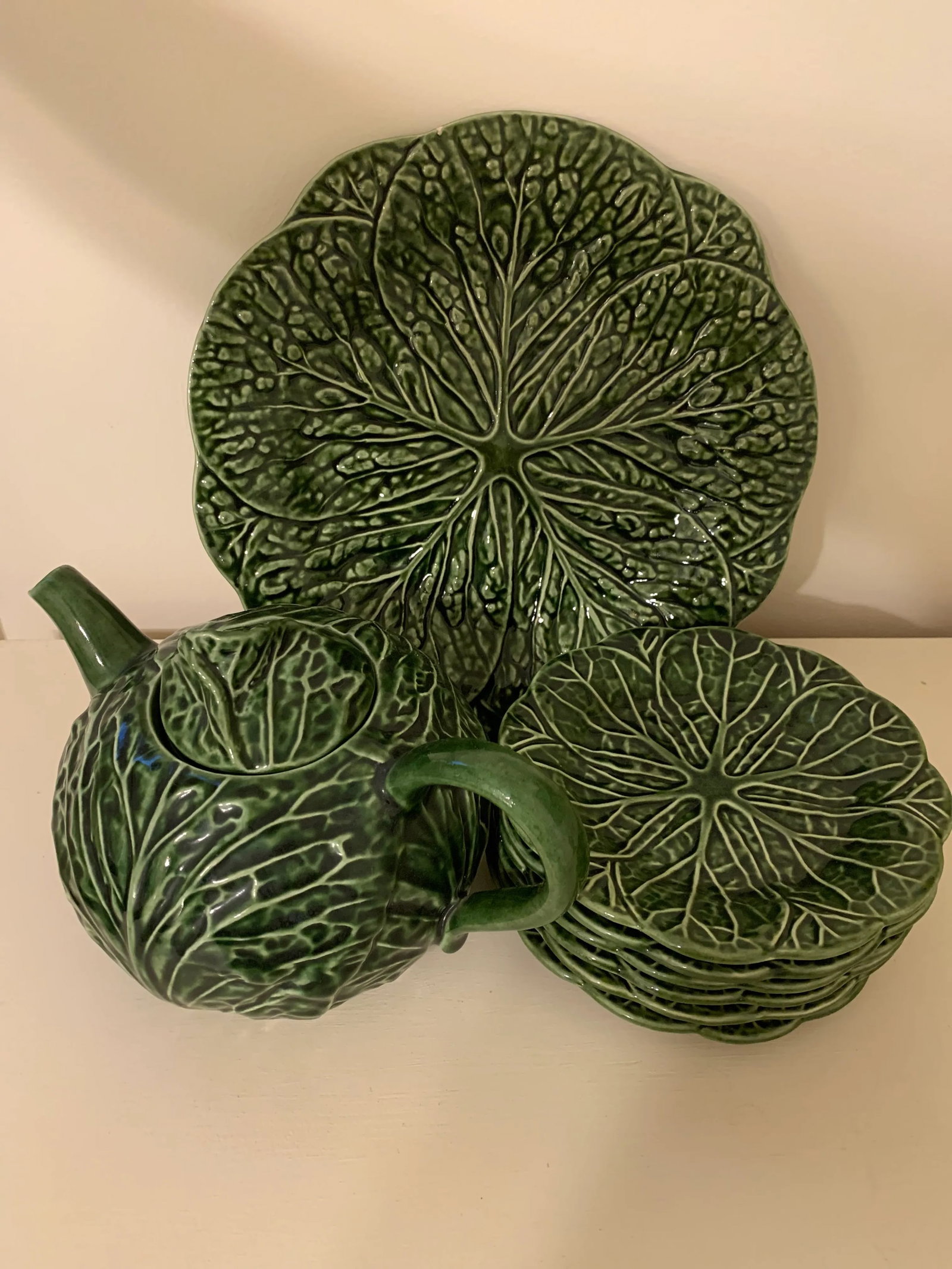 Vintage Cabbage Leaf Tea Pot & Platters - Set of 8 - 13