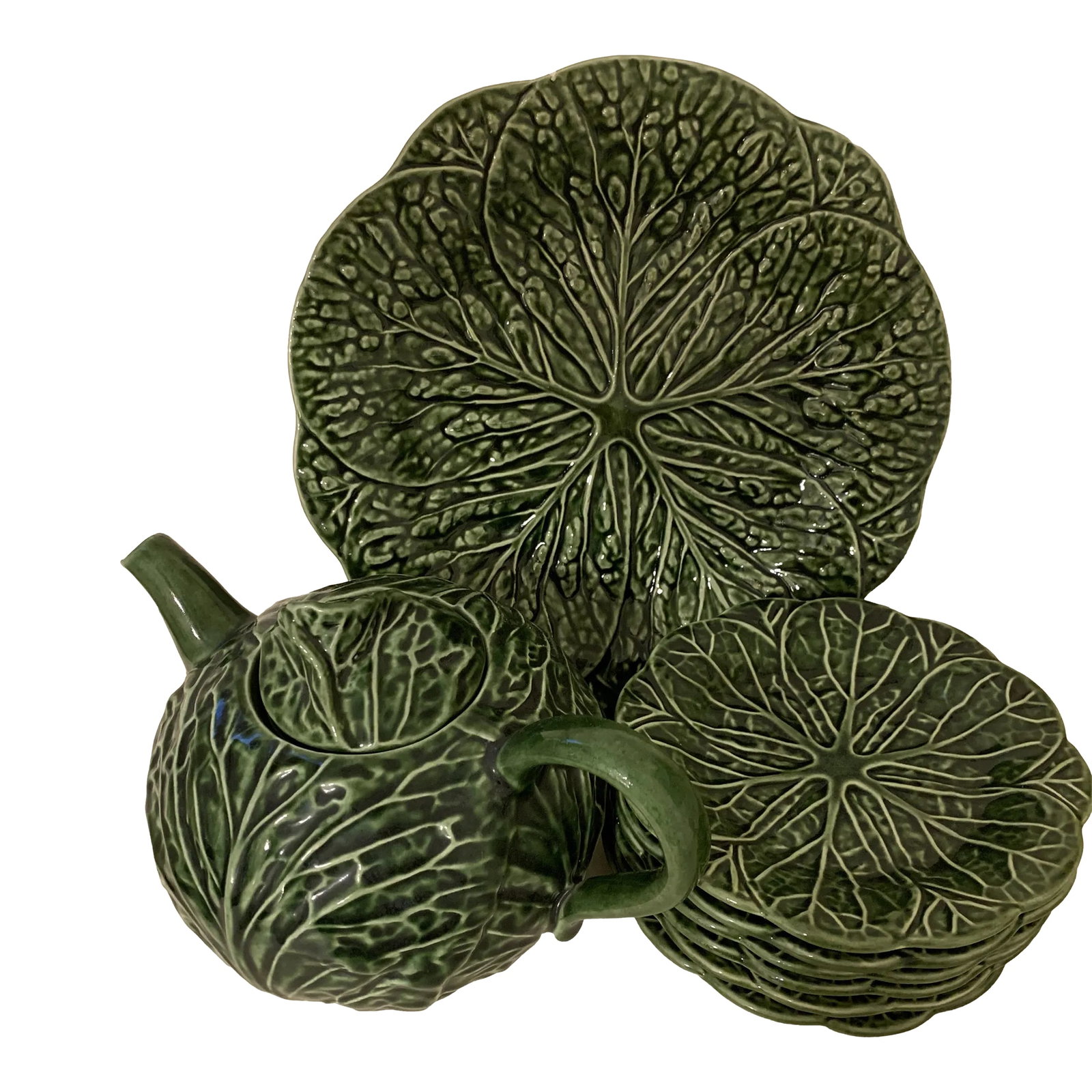 Vintage Cabbage Leaf Tea Pot & Platters - Set of 8 (1 of 13)