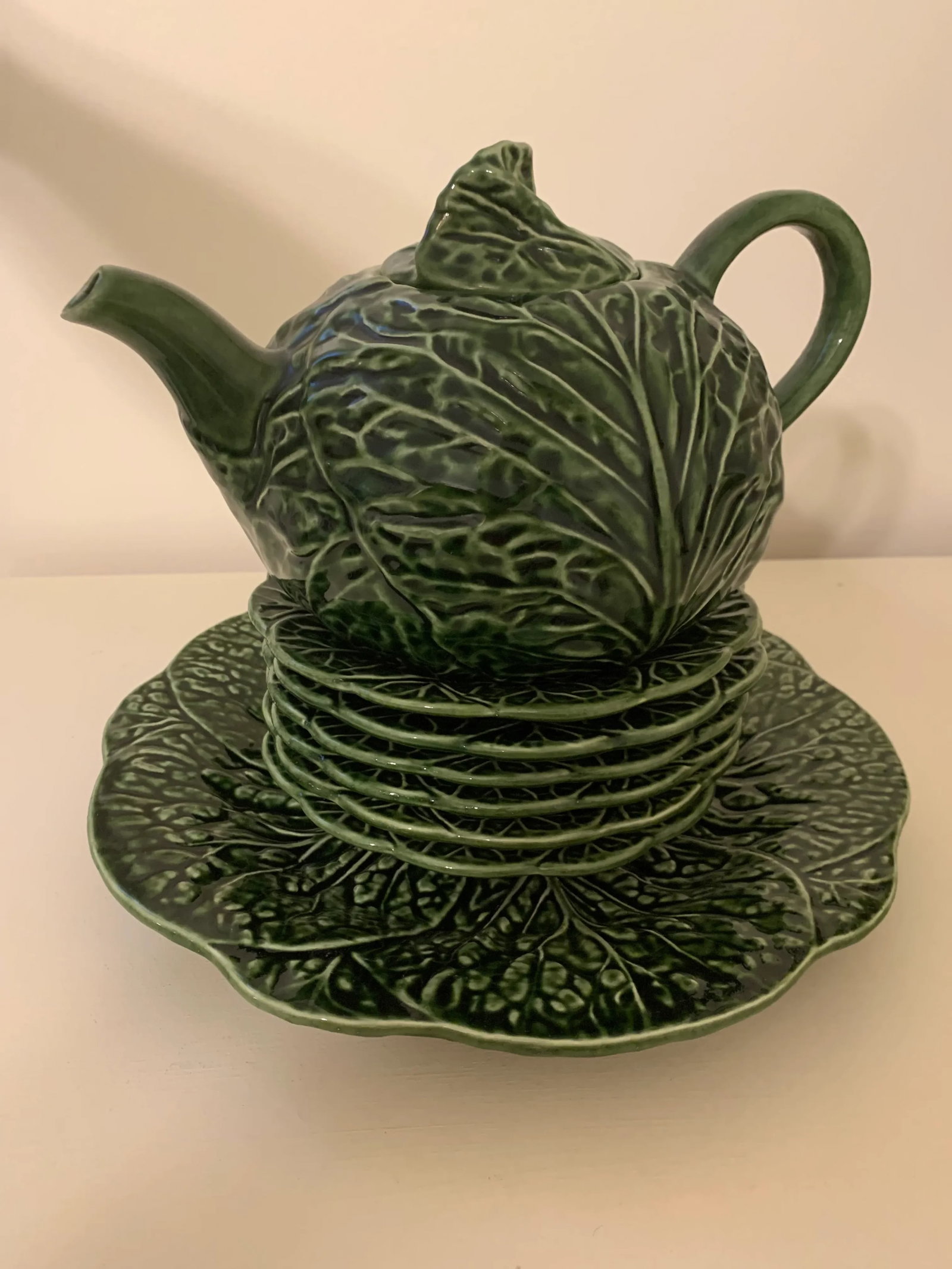 Vintage Cabbage Leaf Tea Pot & Platters - Set of 8 - 2