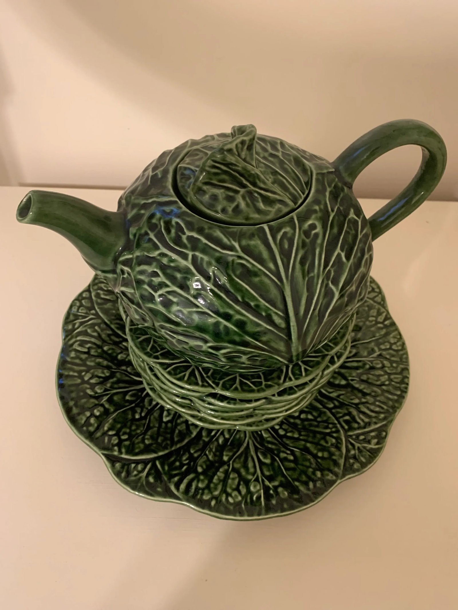 Vintage Cabbage Leaf Tea Pot & Platters - Set of 8 - 3