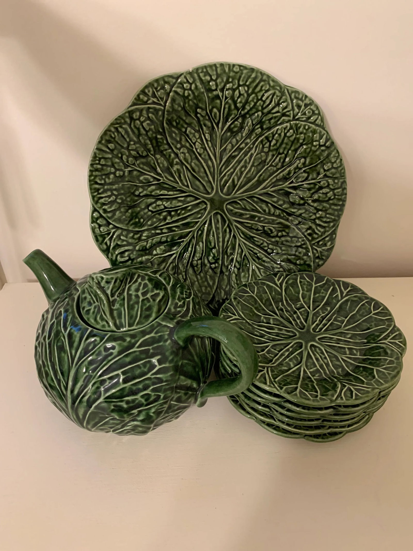 Vintage Cabbage Leaf Tea Pot & Platters - Set of 8 - 4