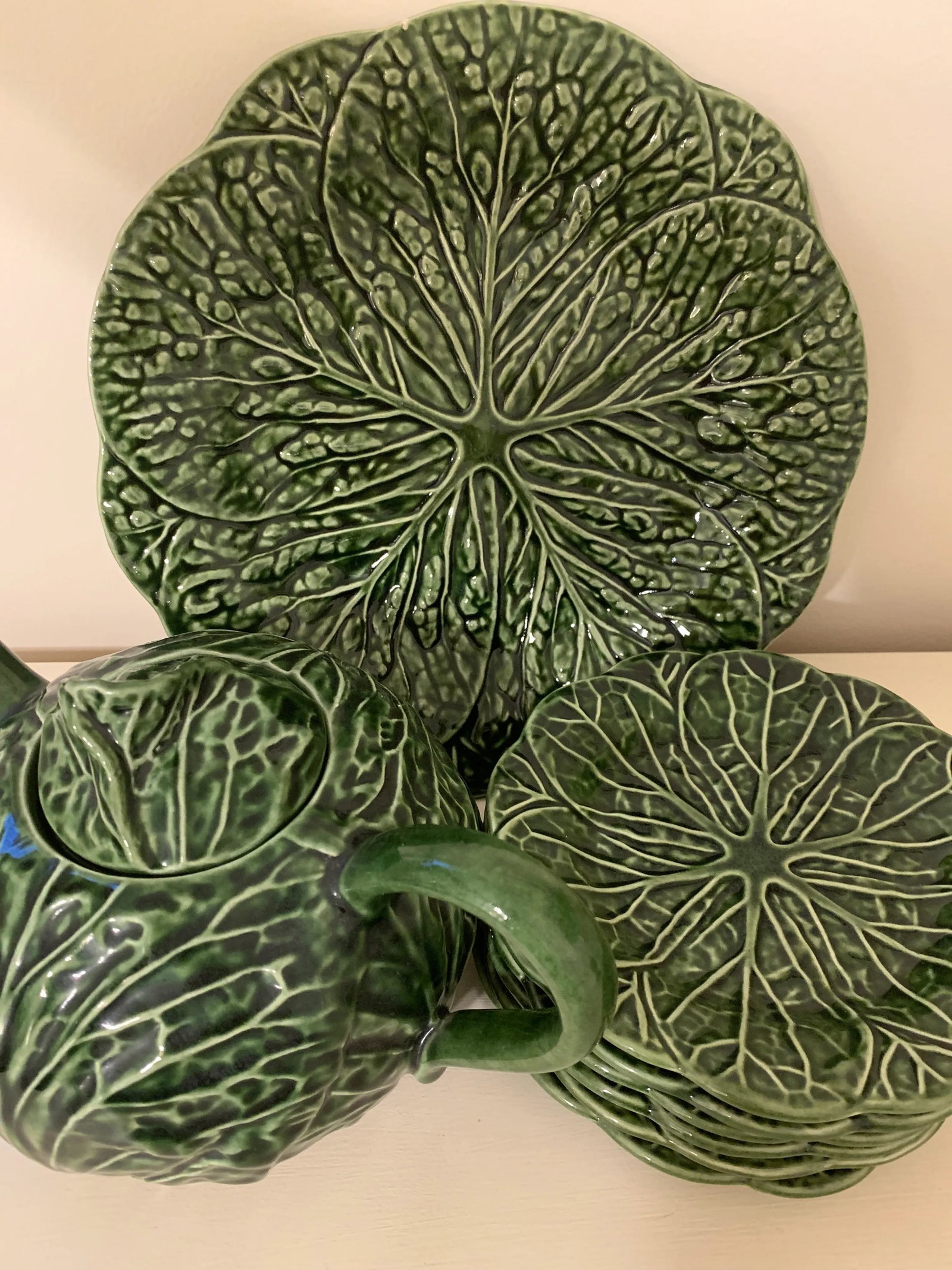 Vintage Cabbage Leaf Tea Pot & Platters - Set of 8 - 9