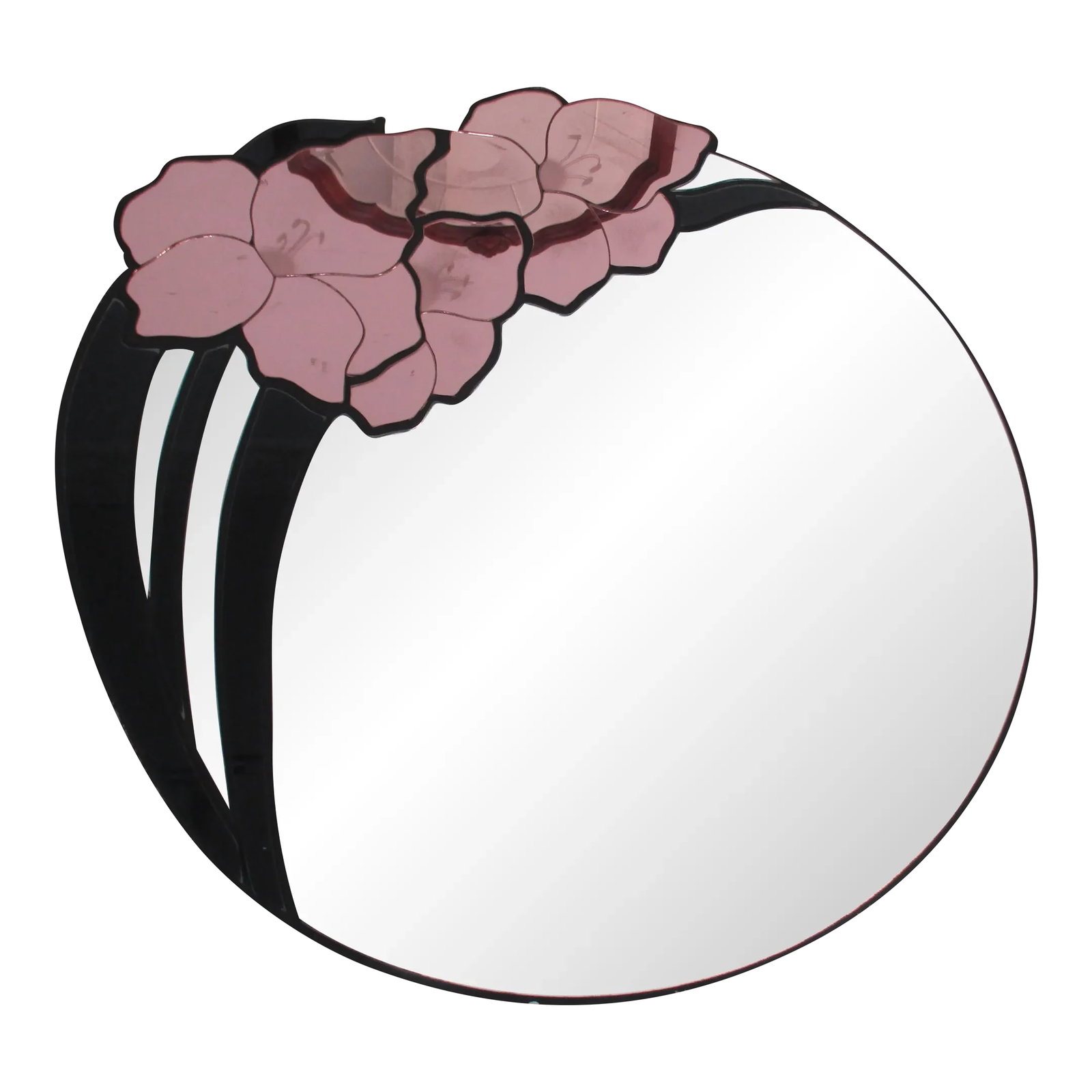 Mid Century David Marshall Black & Lavender Round Iris Design Mirror: This is a Spectacular! Vintage Mid Century Modern Mirror from the 1980s by David Marshall that is Breathtakingly Beautiful with a Rare Design of Irises in Lavender with a Black Background around the