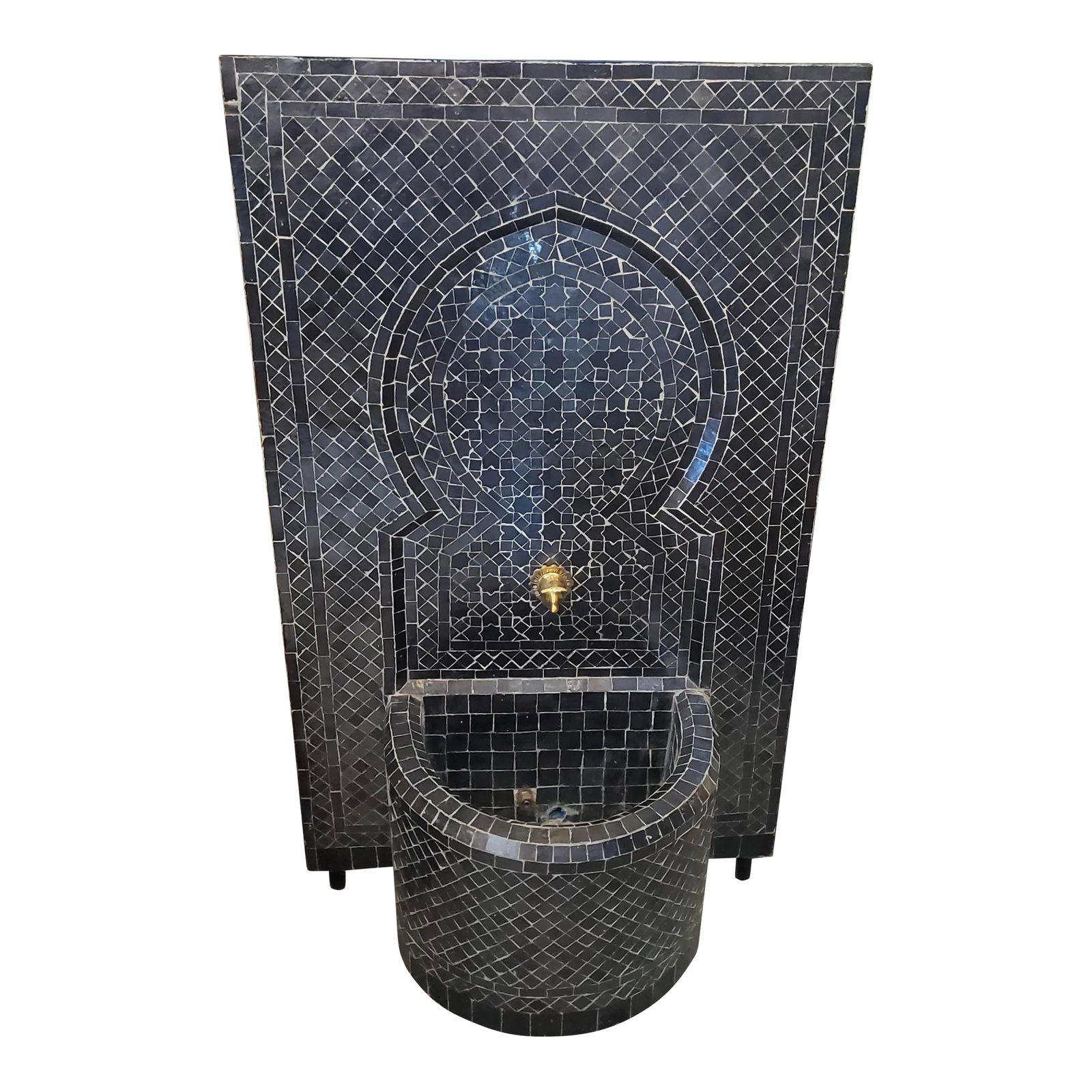 All Black Moroccan Mosaic Tile Fountain: Just arrived !! All black handmade Moroccan mosaic tile fountain made in Marrakech, Morocco. This amazing fountain measures approximately 50 in high, 30" wide, and 13" deep and comes with a boar's