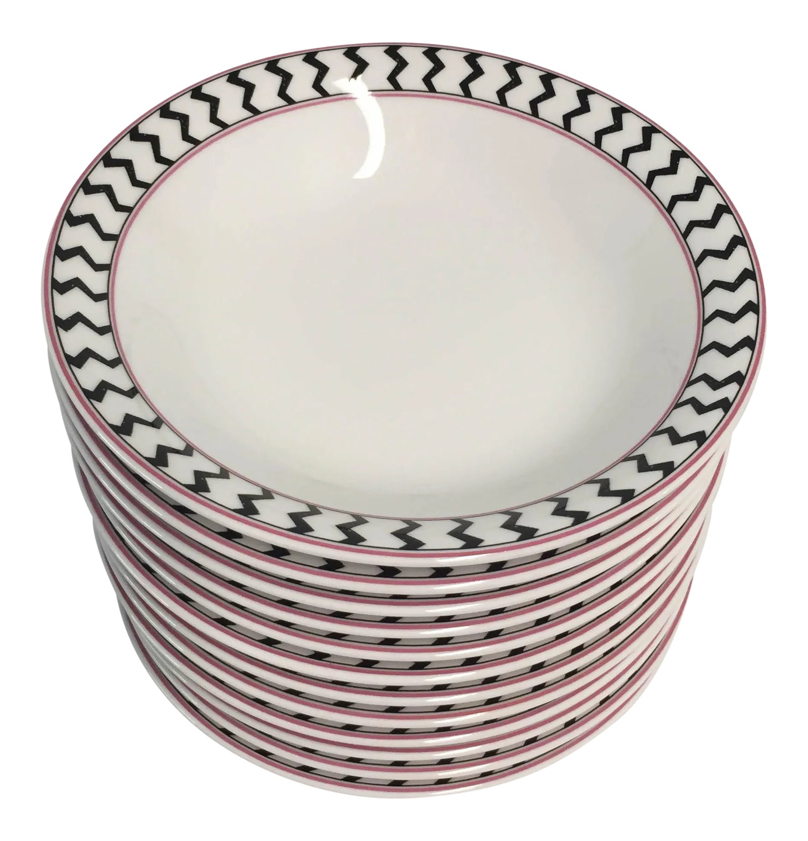 Set of 12 "MIKASA" Fruit / Desset Bowls: Beautiful set of twelve dessert or fruit bowls with hot pink and soft black rim makers mark reads " MIKASA ALUMICRON CHINA, JAPAN" Excellent condition. 5.90"D X 1.25"H Condition: Alterations: