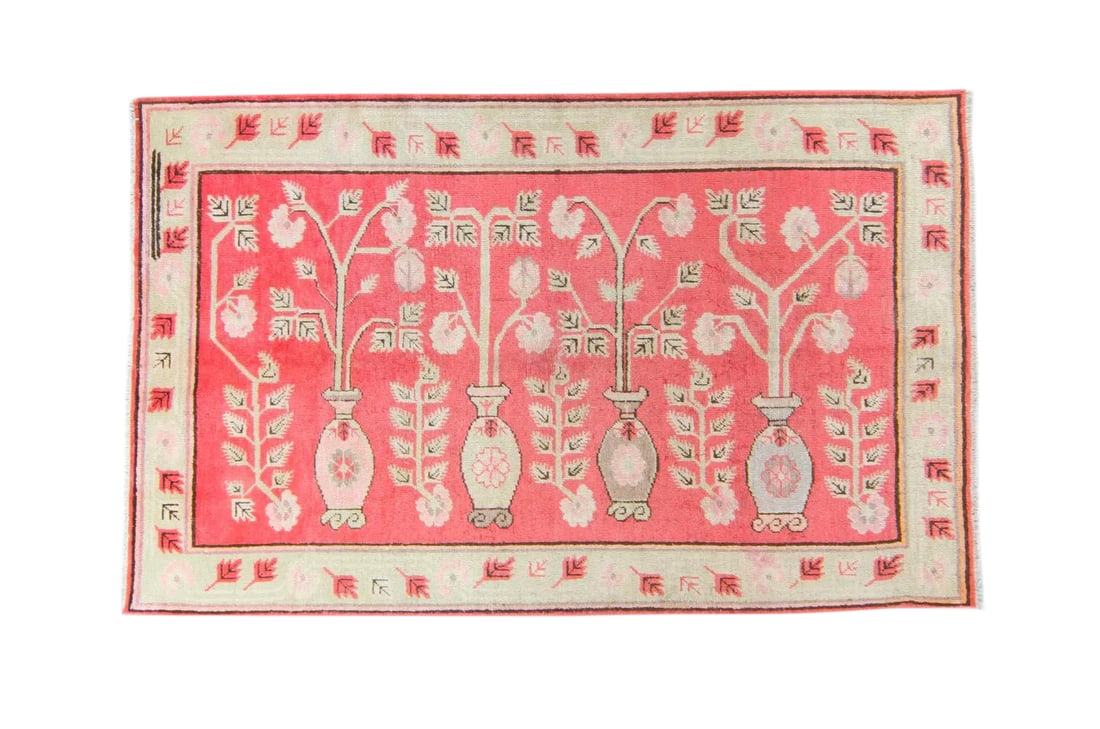 1930s Vintage Pictorial Khotan Samarkand Rug- 4'10'' * 7'10'': With its supple texture beneath an oasis of flowers and vases adorning the leaf-design around the pale-mint colored border, this vintage piece commands any casual observers' interest. Featuring