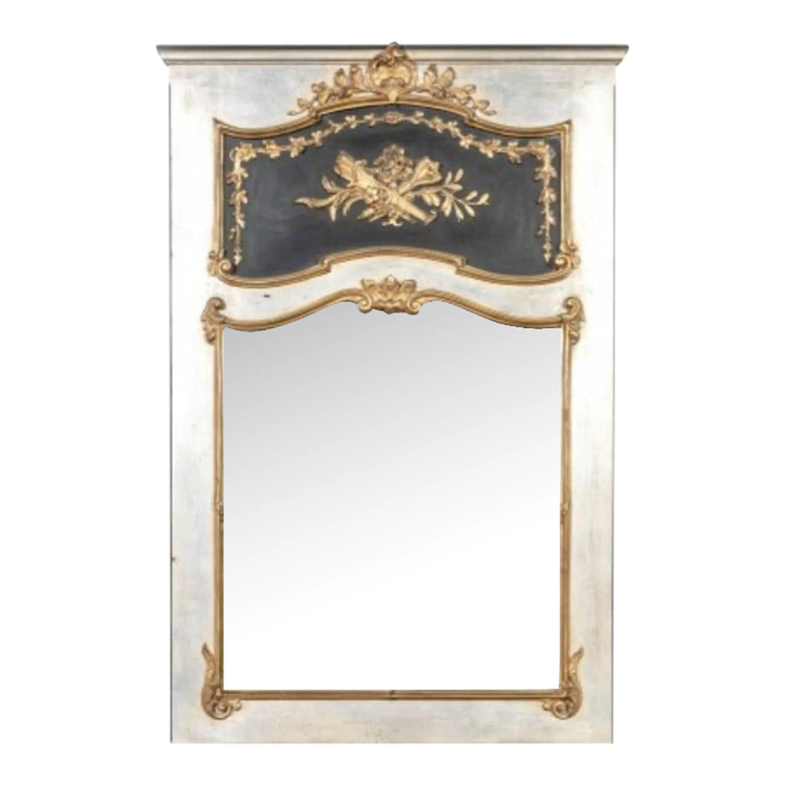 Vintage Friedman Brothers French Trumeau Mirror: Stunning large scale French Trumeau Mirror by Friedman Brothers Mirror Company with shaped gilt surrounds.The top painted black with carved and gilt quiver, bow and leaves framed by a leaf and berry