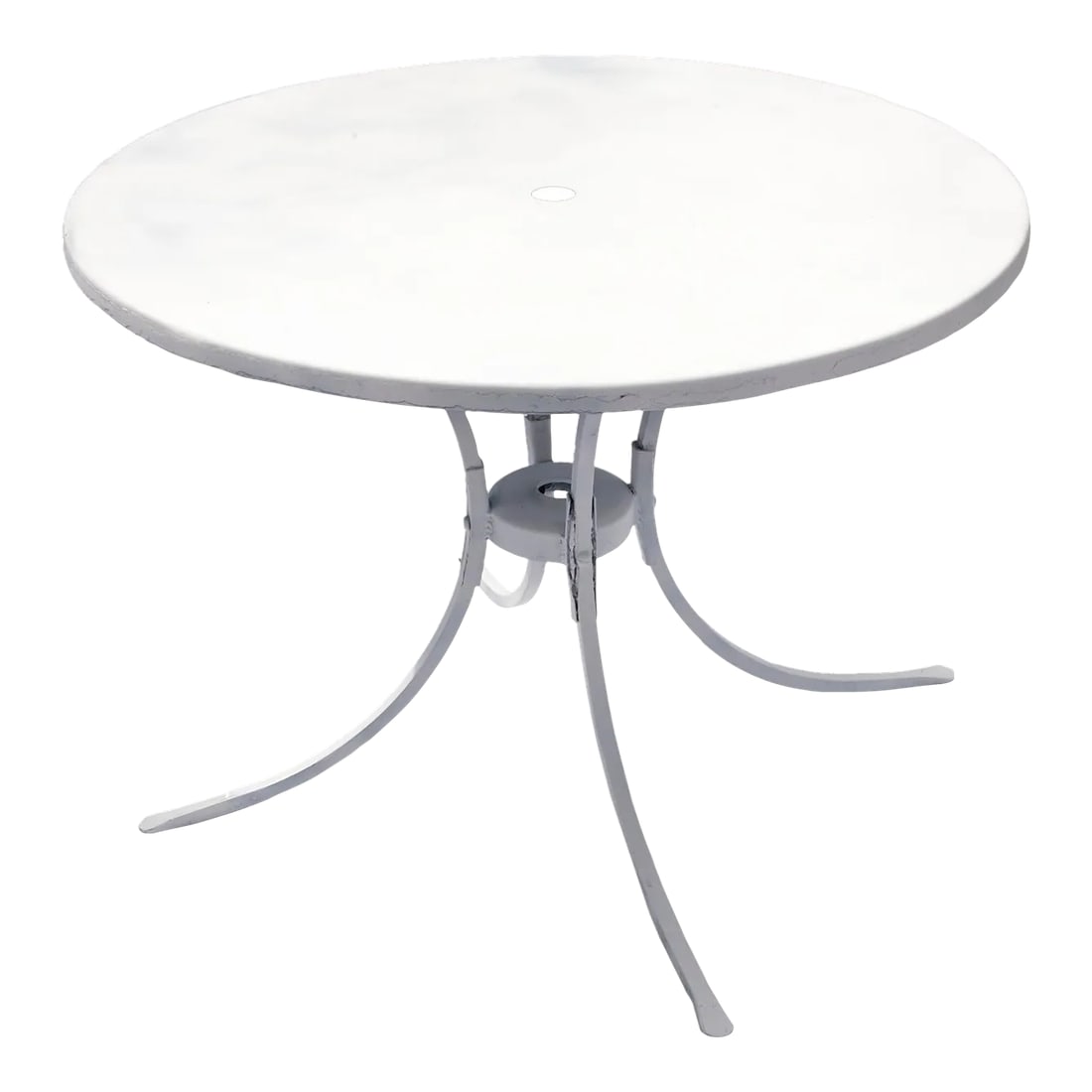 1950s Round White Metal Outdoor Patio Table: Round patio table with umbrella hole/holder. New paint in clear clean white. Chairs are available on separate listing. Condition: Alterations: Restored Imperfections: Some Imperfections Condition Note