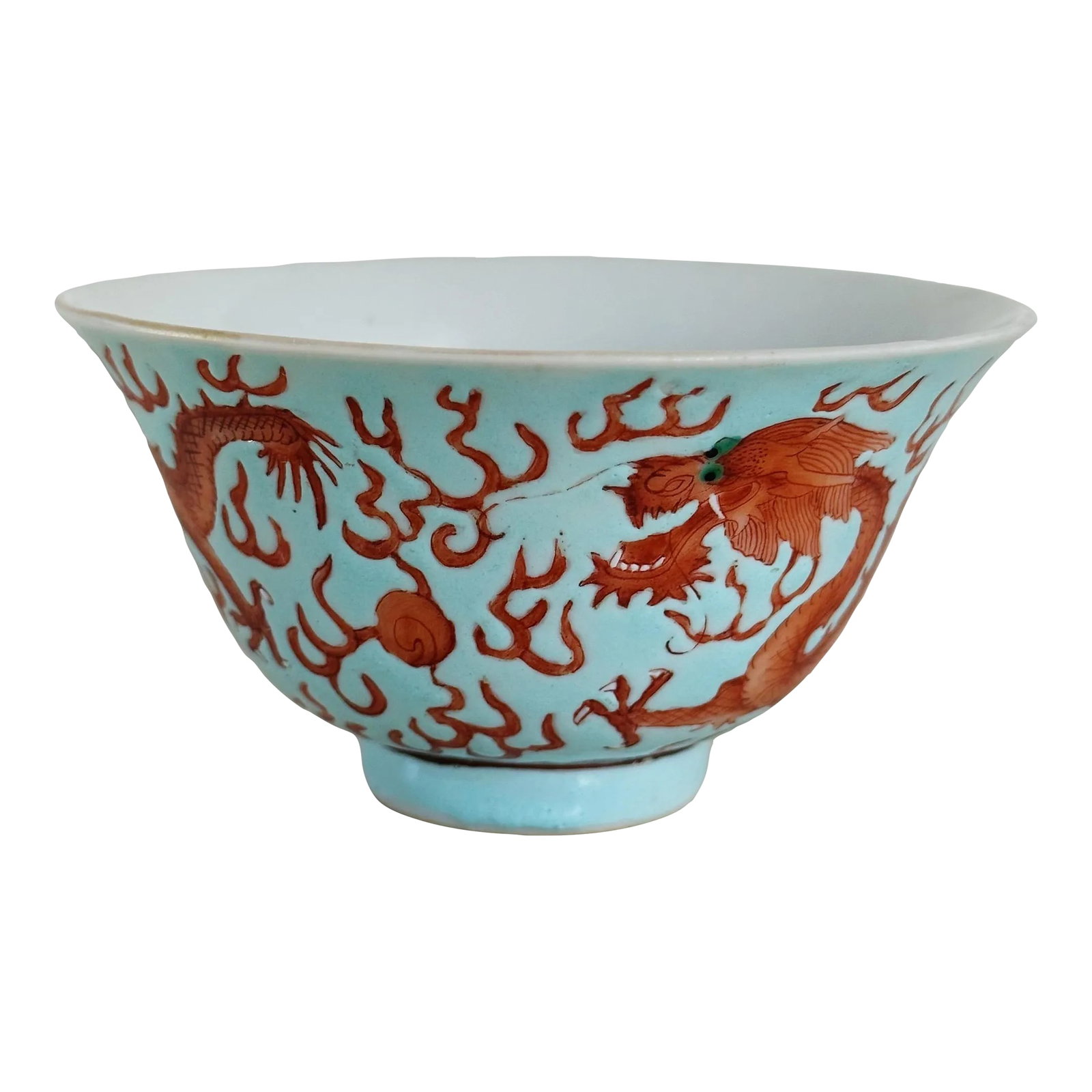 Antique Ching Dynasty Porcelain Bowl With Dragons in Red Orange on Blue: Antique Ching Dynasty Porcelain Bowl with Dragons in Red Orange on Blue Measures approx: 3H x 4.5D Please visit my other listings for more curated treasures. Condition: Alterations: Original Condition