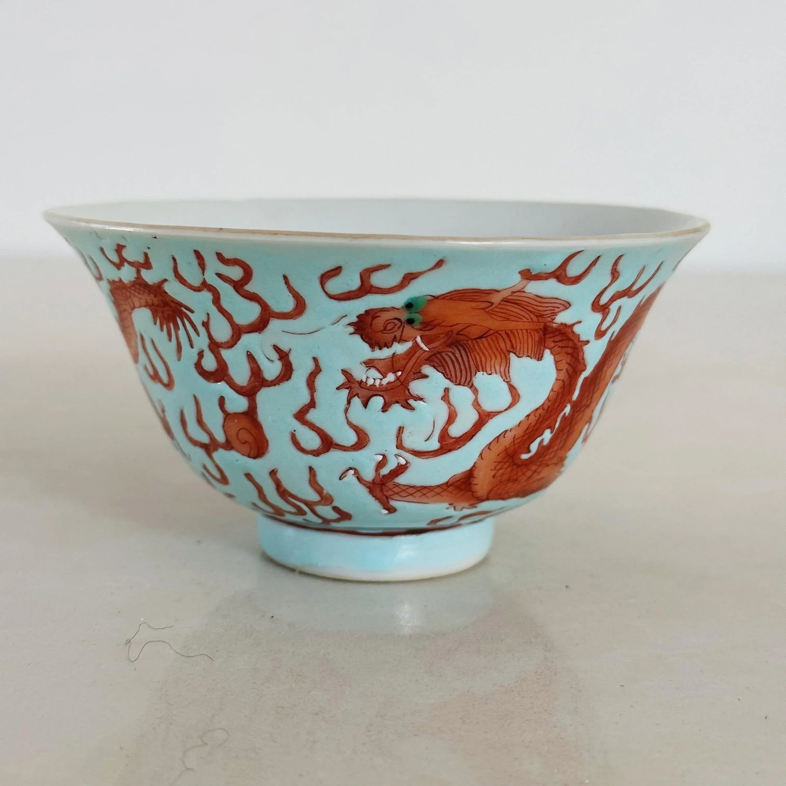 Antique Ching Dynasty Porcelain Bowl With Dragons in Red Orange on Blue - 2