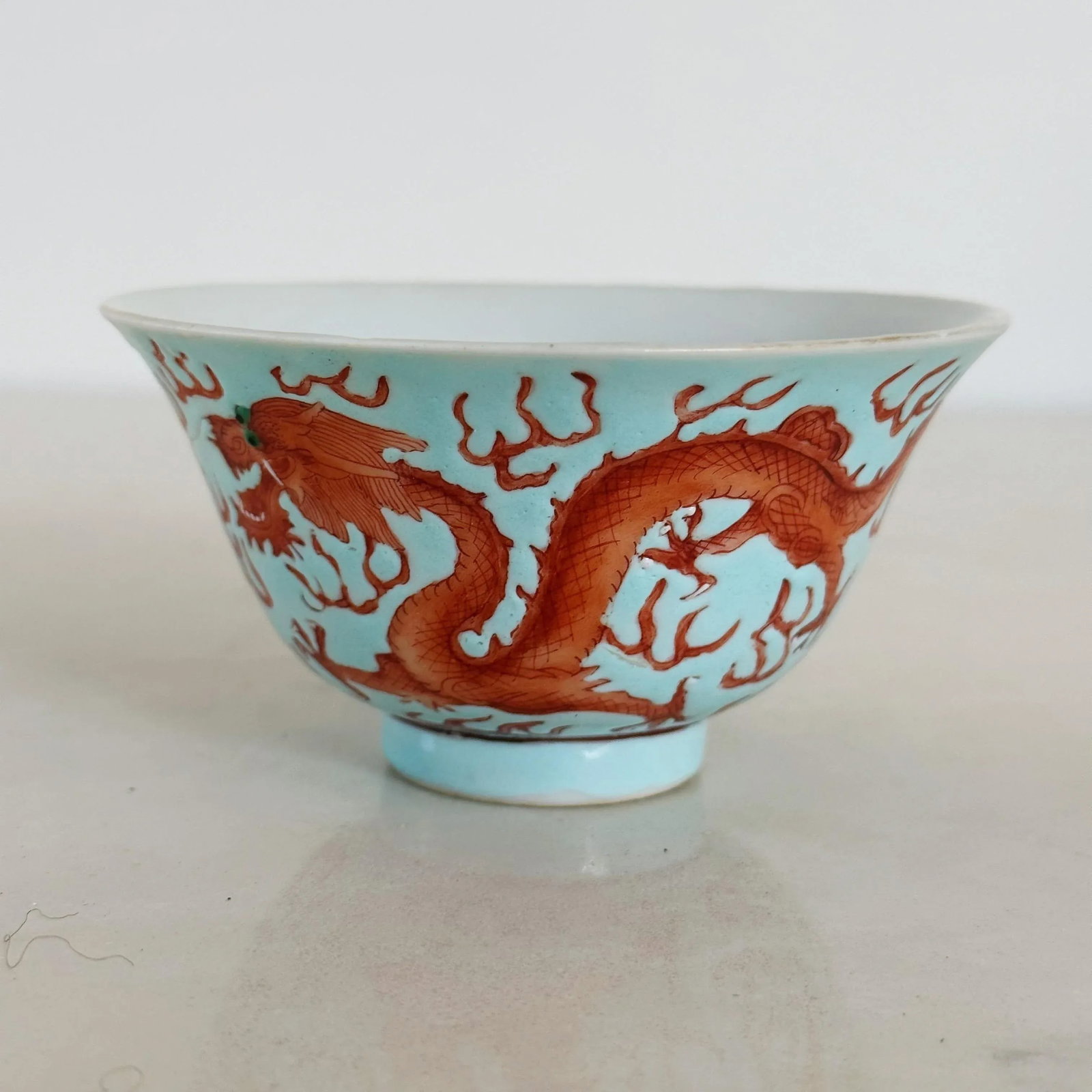 Antique Ching Dynasty Porcelain Bowl With Dragons in Red Orange on Blue - 3