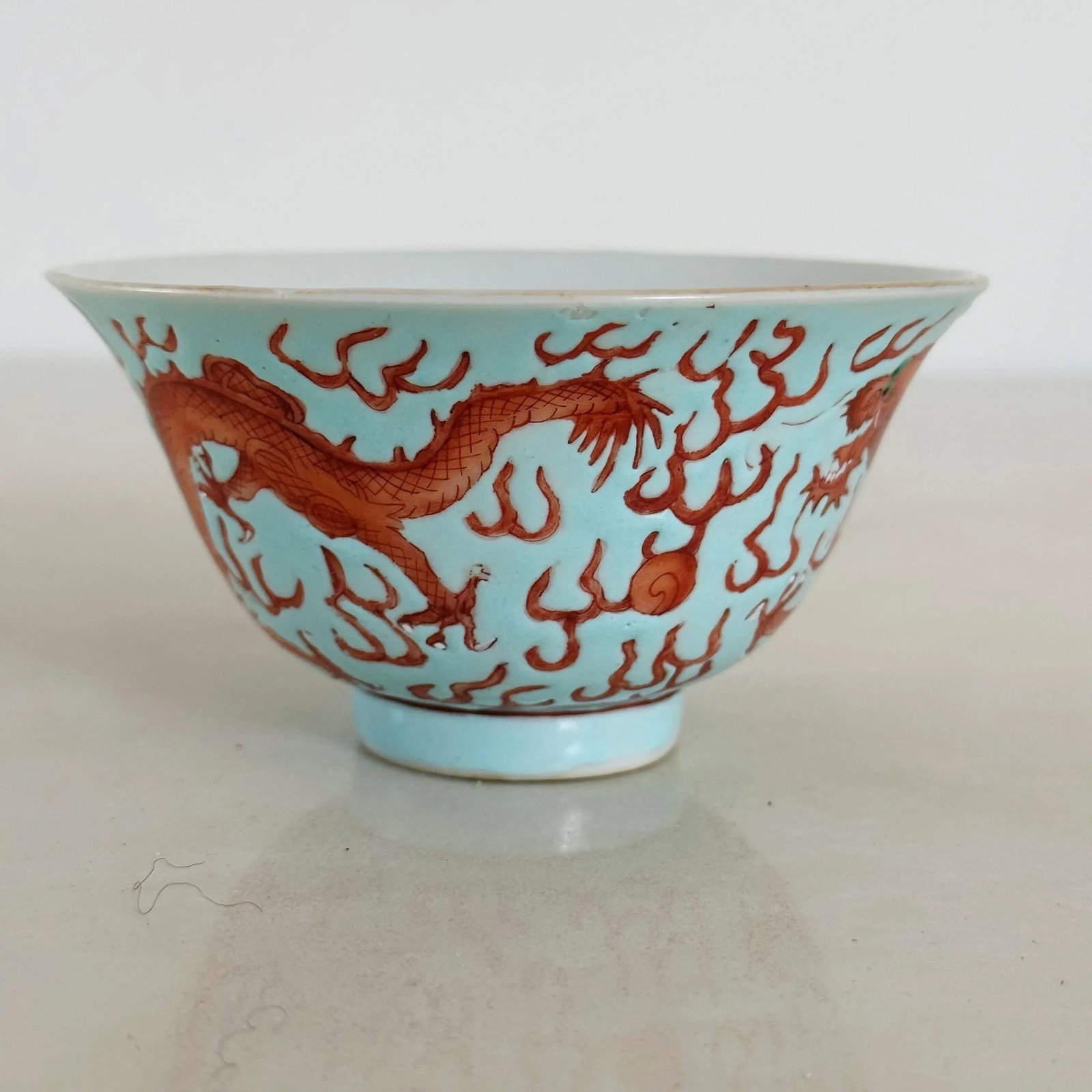 Antique Ching Dynasty Porcelain Bowl With Dragons in Red Orange on Blue - 4