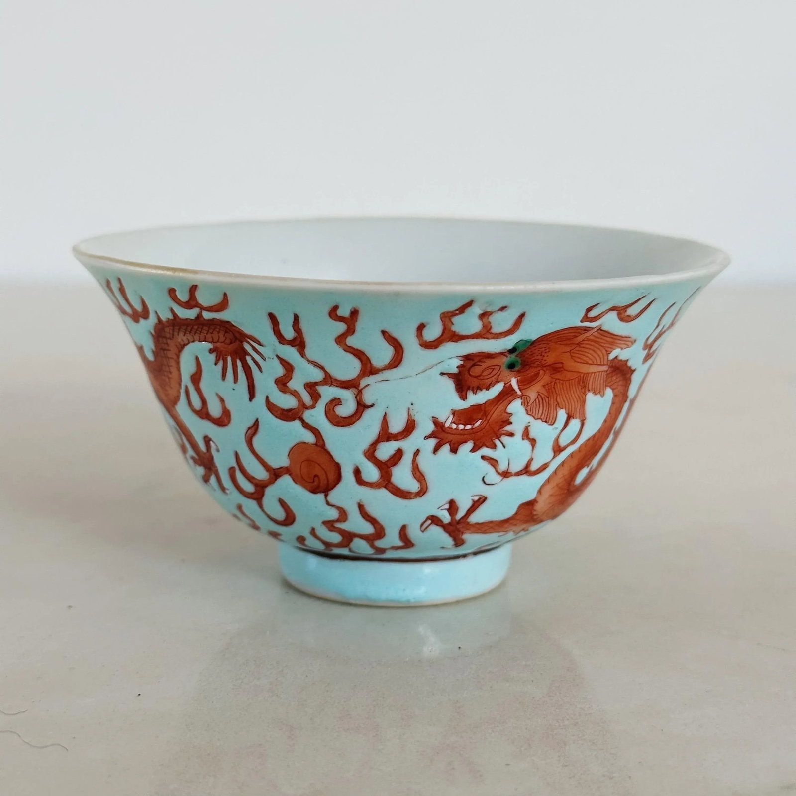Antique Ching Dynasty Porcelain Bowl With Dragons in Red Orange on Blue - 7