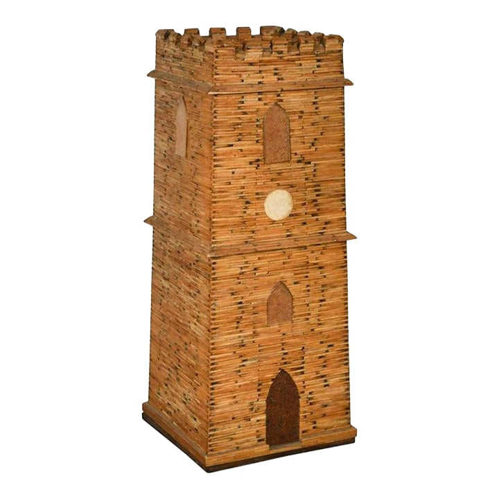 1930s Vintage English Folk Art Matchstick Money Box Clock Tower: An English Folk|Tramp Art Matchstick Money Box|Bank. Possibly made by a prisoner-of-war. With Arched Front Door and Windows and a castellated top, this Piece resembles a Clock Tower. Excellent