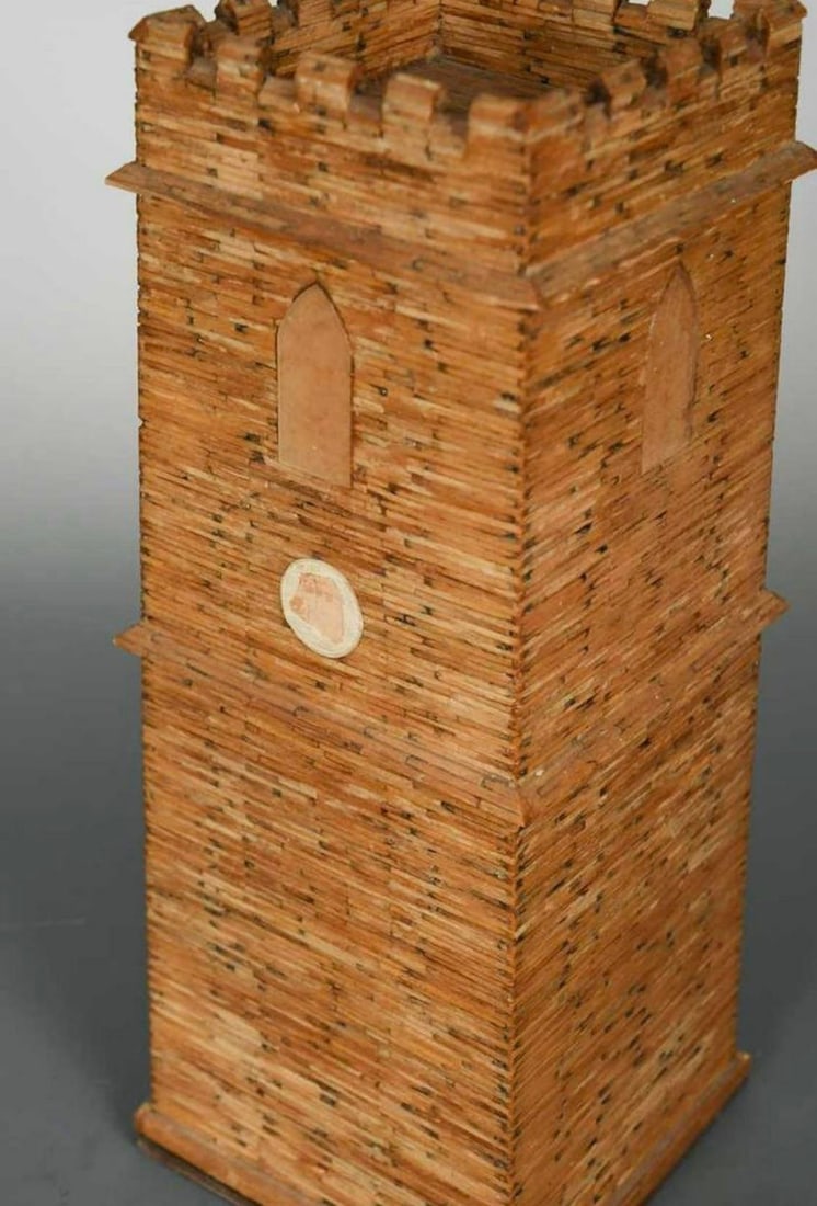 1930s Vintage English Folk Art Matchstick Money Box Clock Tower - 3