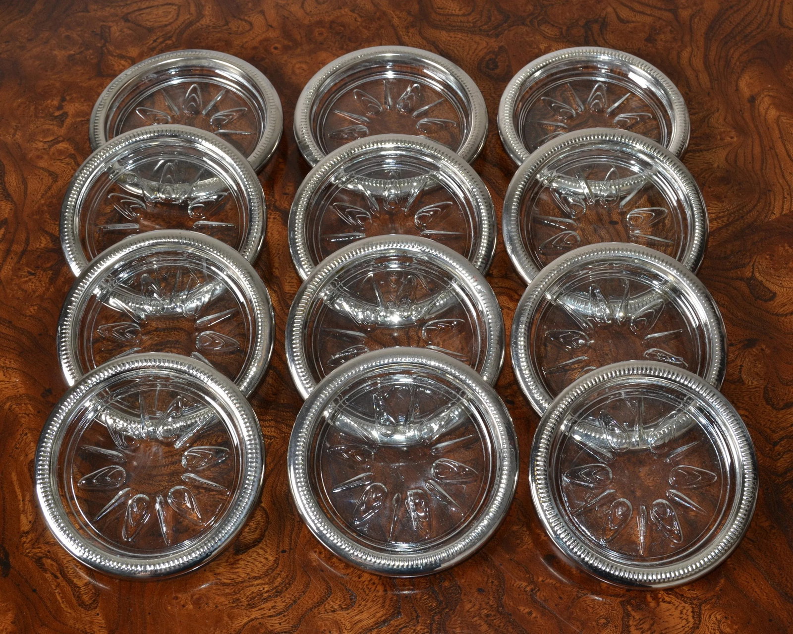 1960s Leonard Silver Manufacturing Attributed Silver Plate & Crystal Wine Glass Coasters- Set of 12 - 12