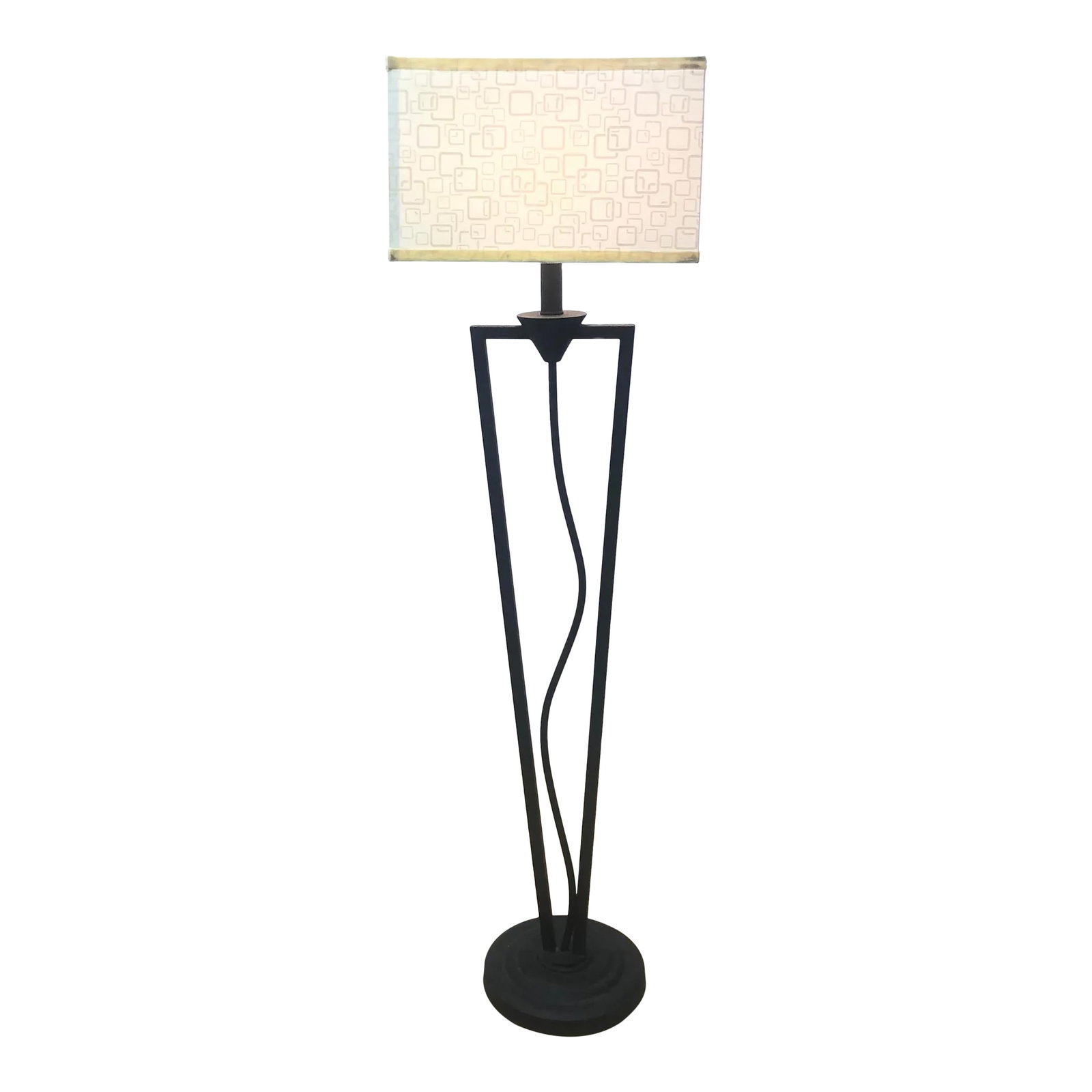 Vintage Squiggle Iron Floor Lamp: Modern iron geometric shaped floor lamp with a squiggle center rod. Condition: Alterations: Original Condition Unaltered Imperfections: Some Imperfections Condition Notes: Very good+ vintage condition