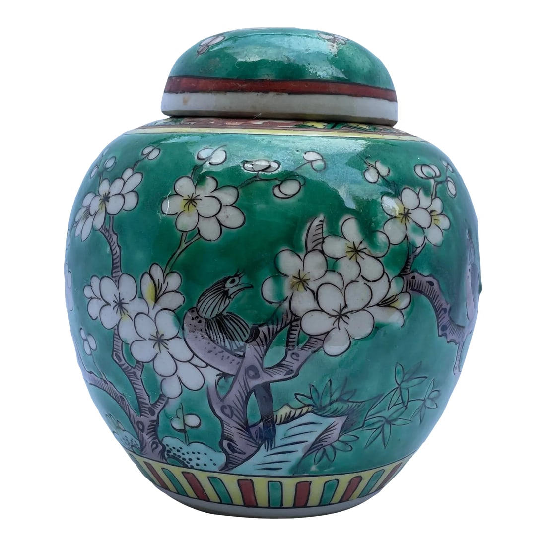 Antique 19th Century Chinese Famille Verte Prunus Blossom Ginger Jar: Kangx1 period marked green verde prunus blossom ginger jar in very good condition. No chips or cracks, no signs of repairs. Includes the original lid. Condition: Alterations: Original Condition