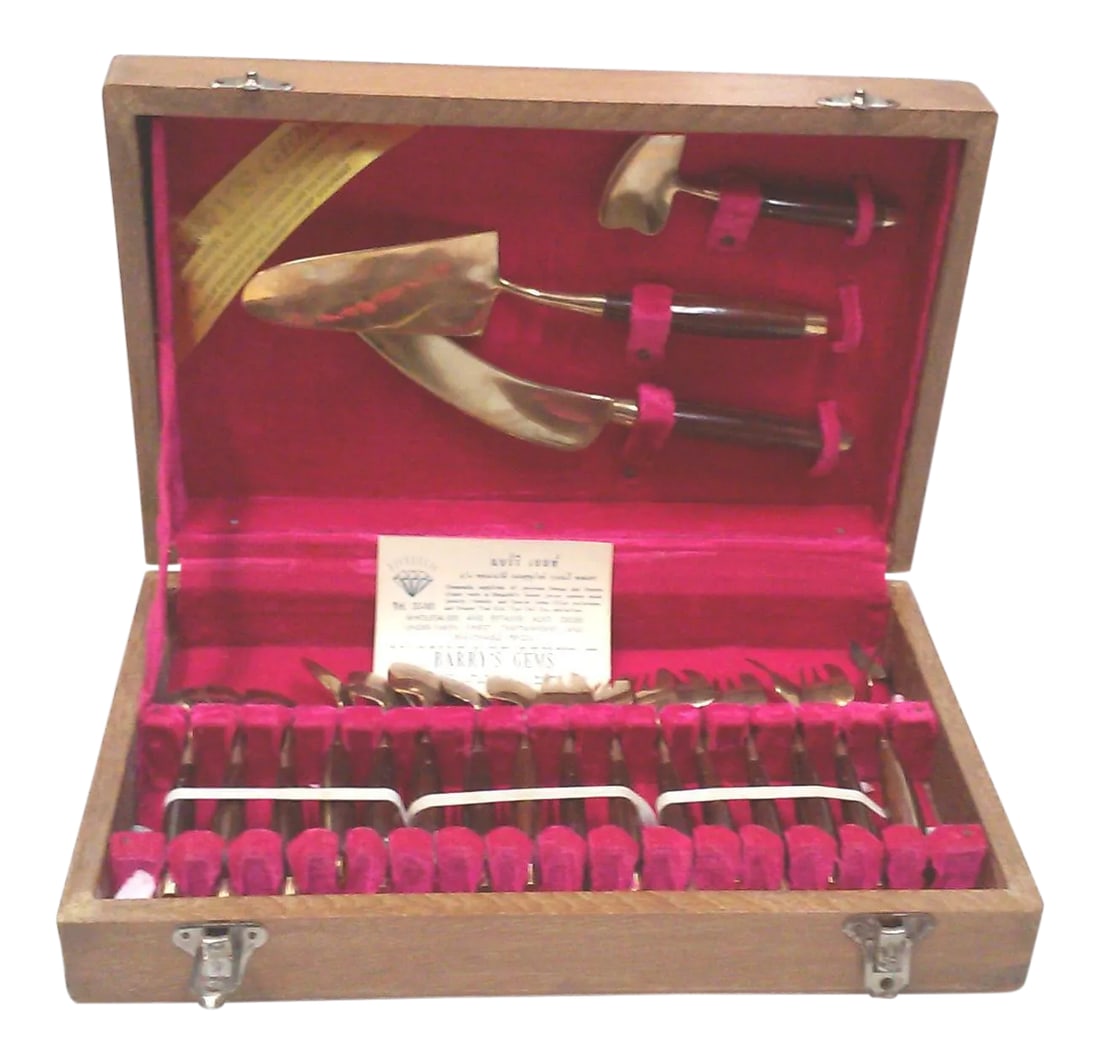 Vintage Bronze and Rosewood Appetizer and Serving Flatware Set: A Fabulous Thai Bronze Flatware Set With Riveted Rosewood Handles Appetizer Complete Set For Eight. This Mid-Century Era Set Consists Of Eight Each Of Appetizer Forks And Spoons As Well As Three Large