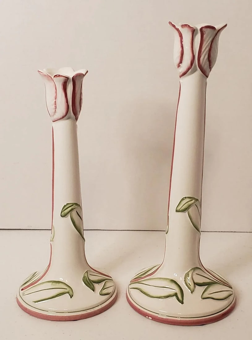 Pair Vintage Late 20th Century Porcelain Tulip Candle Holders Made in Italy - 2