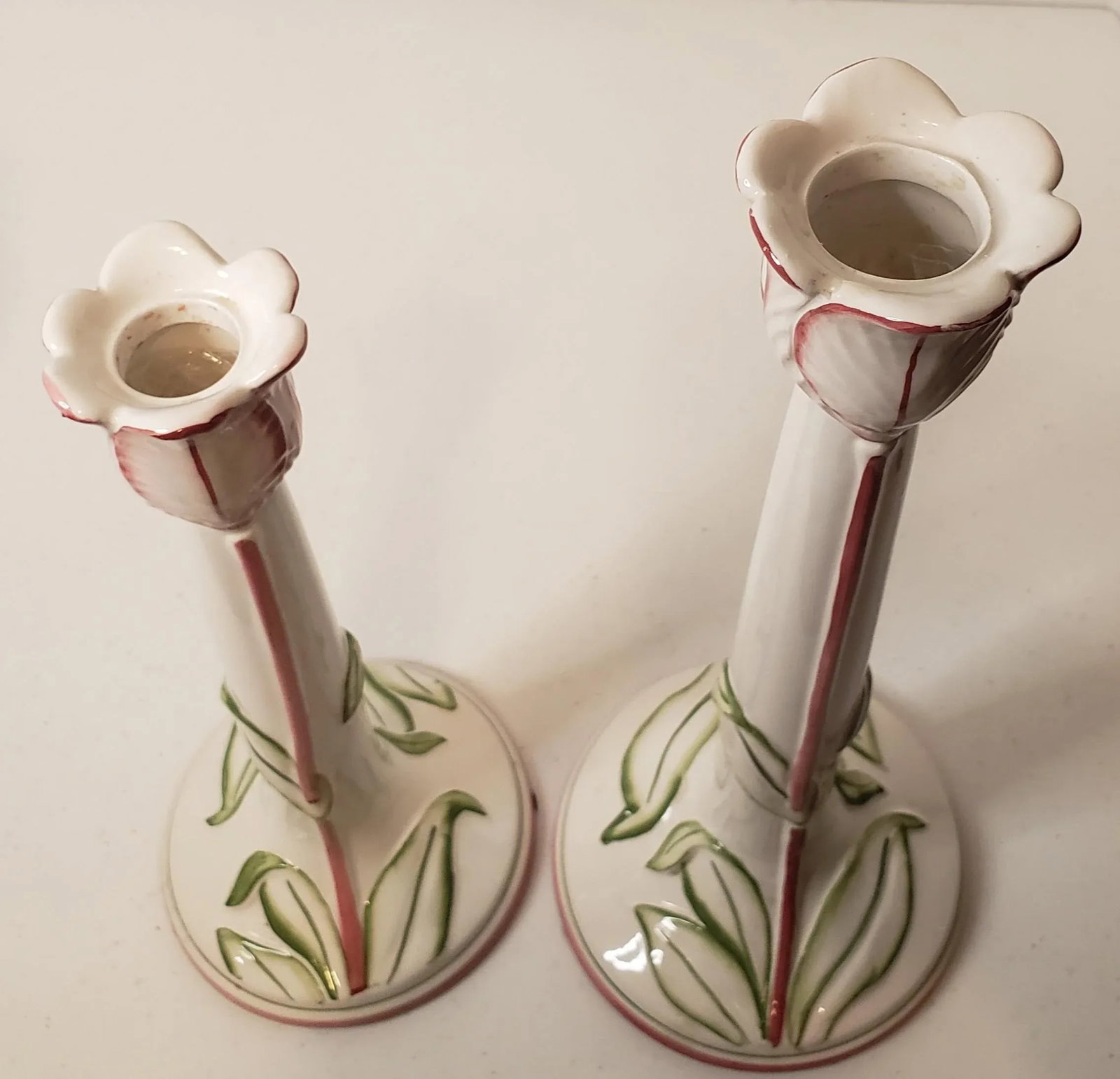Pair Vintage Late 20th Century Porcelain Tulip Candle Holders Made in Italy - 6