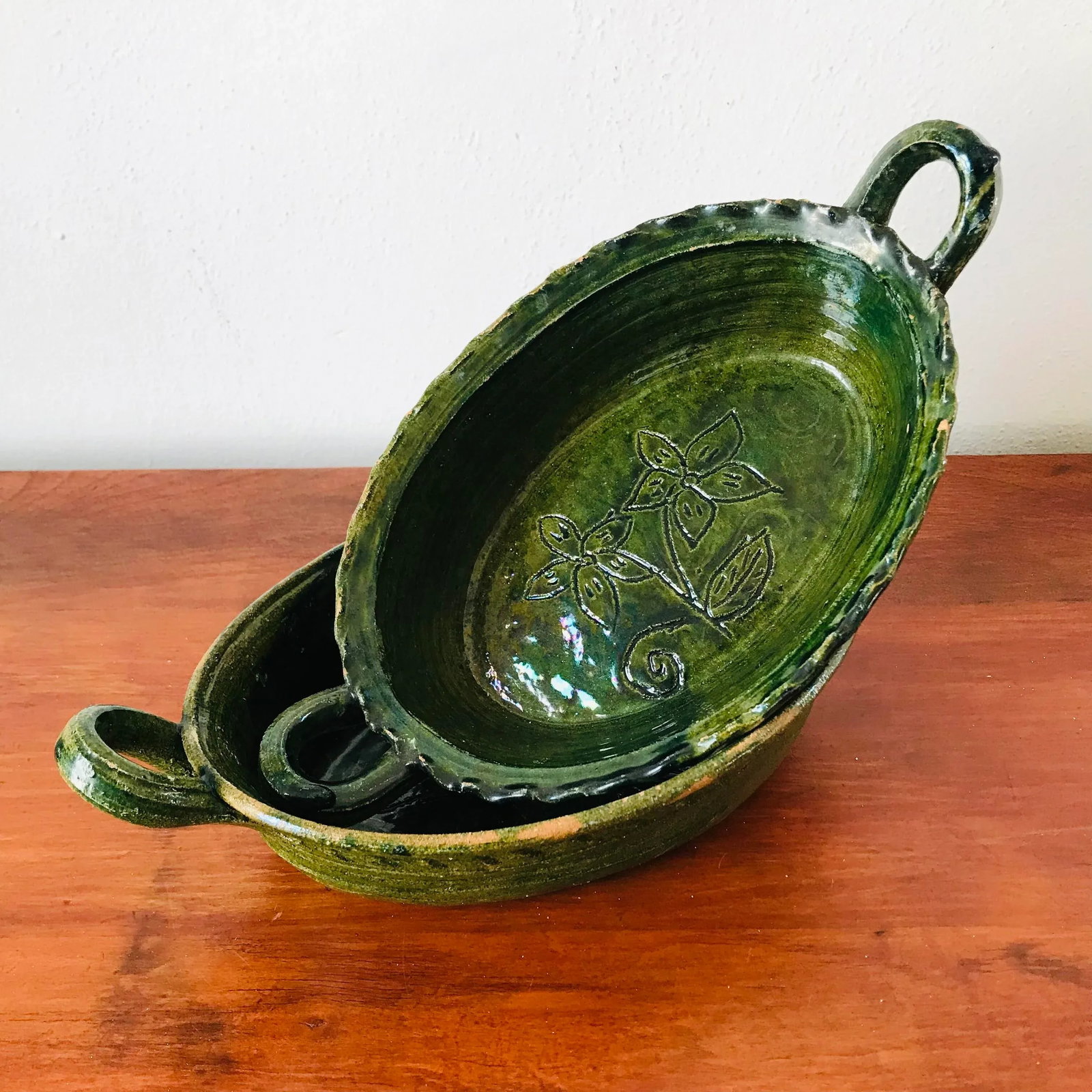 Set of 2 Red Ware Pottery Patamban Michoacan Green Glaze Baking Dishes From Mexico - 10