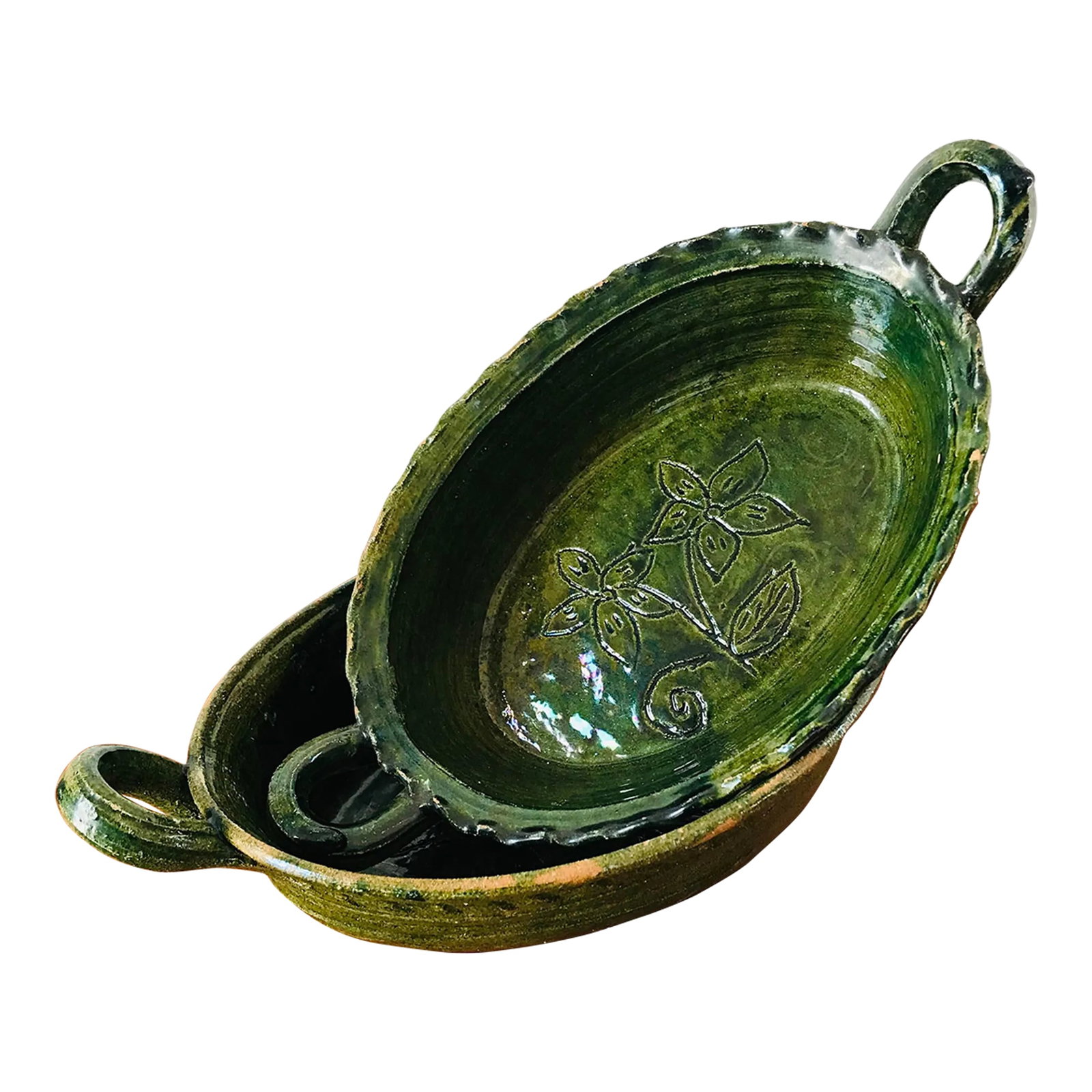 Set of 2 Red Ware Pottery Patamban Michoacan Green Glaze Baking Dishes From Mexico (1 of 10)