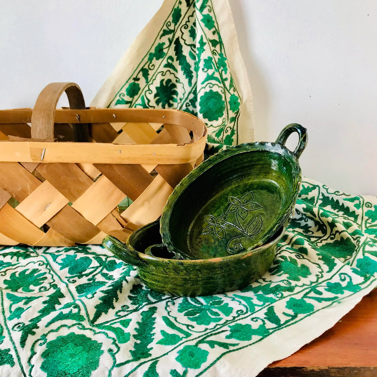 Set of 2 Red Ware Pottery Patamban Michoacan Green Glaze Baking Dishes From Mexico - 2