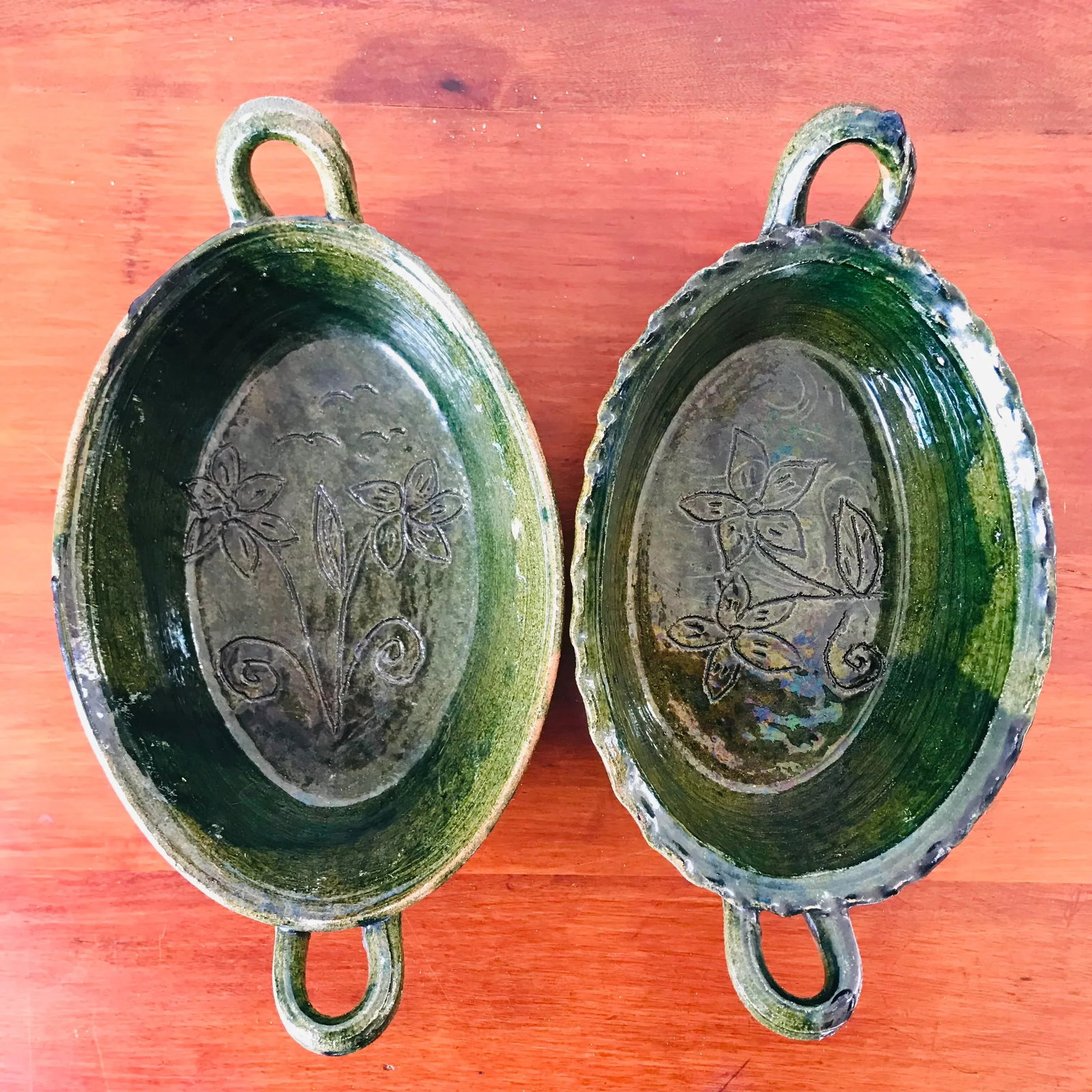 Set of 2 Red Ware Pottery Patamban Michoacan Green Glaze Baking Dishes From Mexico - 3
