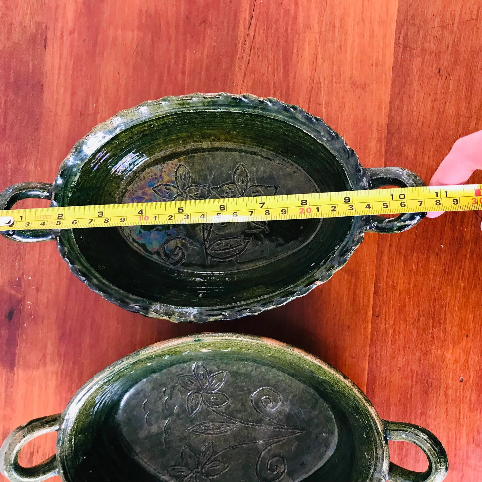 Set of 2 Red Ware Pottery Patamban Michoacan Green Glaze Baking Dishes From Mexico - 7