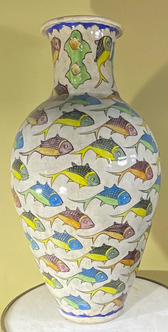 Large Persian Vintage Hand Painted Ceramic Fish Vase - 10