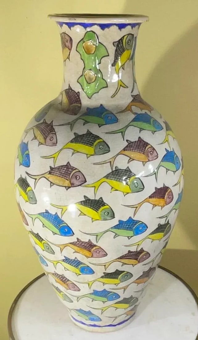 Large Persian Vintage Hand Painted Ceramic Fish Vase - 12