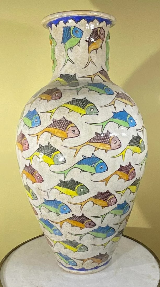 Large Persian Vintage Hand Painted Ceramic Fish Vase - 13