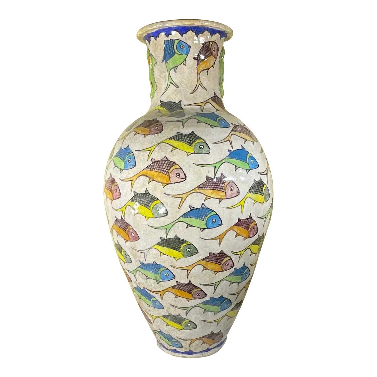 Large Persian Vintage Hand Painted Ceramic Fish Vase: Beautiful Persian ceramic vase hand-painted and glazed with colourful fish motif surrounding on cream color background. Great object of art for display. Condition: Alterations: Original Condition Unal