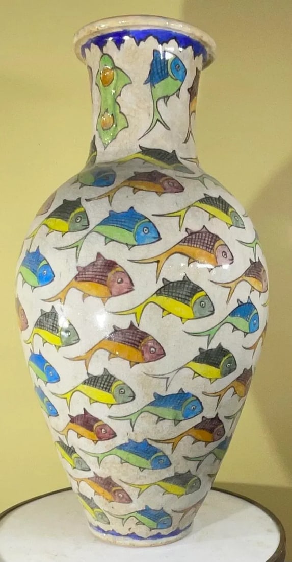 Large Persian Vintage Hand Painted Ceramic Fish Vase - 2