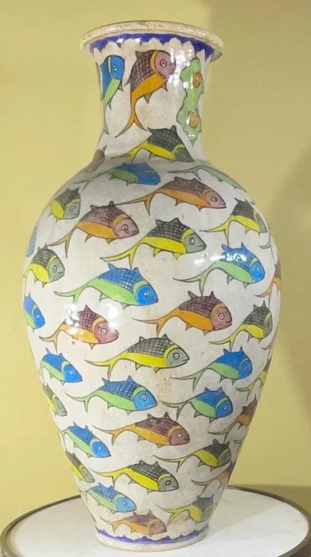 Large Persian Vintage Hand Painted Ceramic Fish Vase - 7