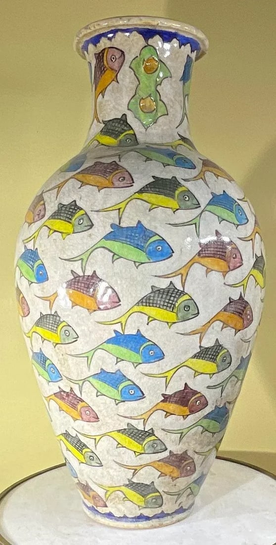 Large Persian Vintage Hand Painted Ceramic Fish Vase - 9