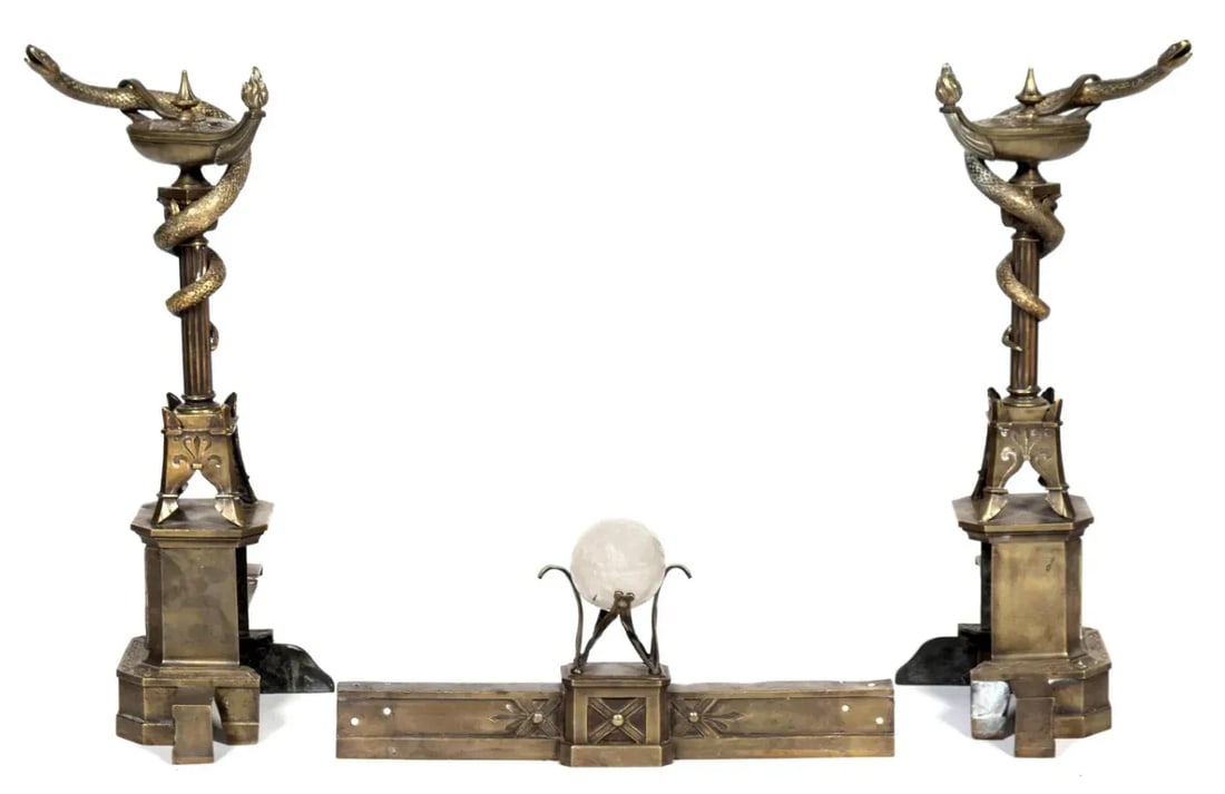 1800s Bronze Neo-Grecian Andirons With Mystical Lamp of Wisdom and Entwined Snakes Serpents - 3 Piec - 10