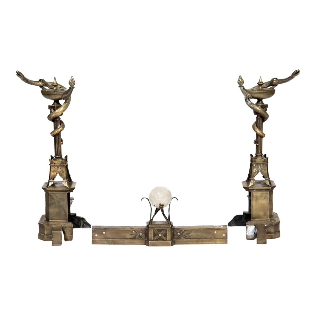 1800s Bronze Neo-Grecian Andirons With Mystical Lamp of Wisdom and Entwined Snakes Serpents - 3 Piec: Highly unusual and unique pair of late 19th-century Neo-Grecian andirons and fender. Beautifully conceived and executed, and highly detailed. Parcel-gilt and patinated bronze. Each standard is