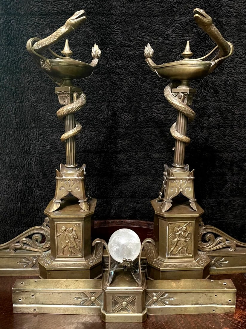 1800s Bronze Neo-Grecian Andirons With Mystical Lamp of Wisdom and Entwined Snakes Serpents - 3 Piec - 2