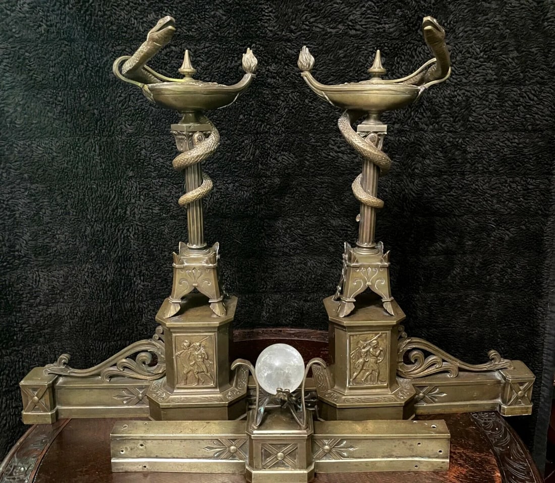 1800s Bronze Neo-Grecian Andirons With Mystical Lamp of Wisdom and Entwined Snakes Serpents - 3 Piec - 3