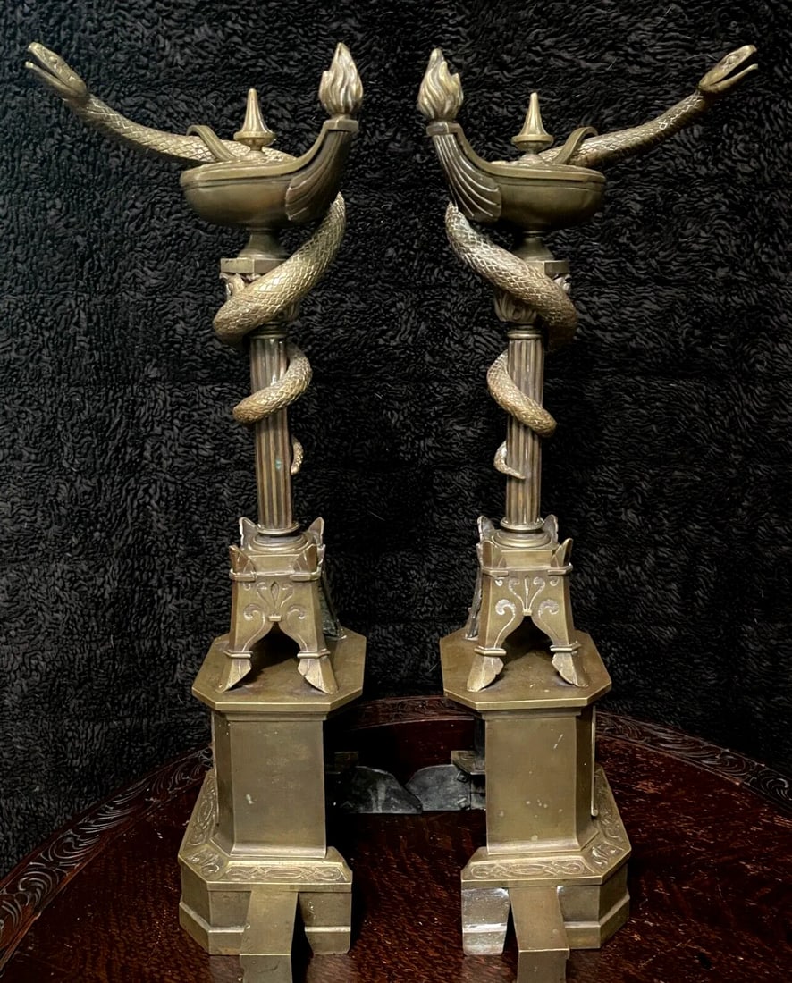 1800s Bronze Neo-Grecian Andirons With Mystical Lamp of Wisdom and Entwined Snakes Serpents - 3 Piec - 4