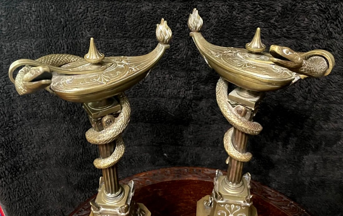 1800s Bronze Neo-Grecian Andirons With Mystical Lamp of Wisdom and Entwined Snakes Serpents - 3 Piec - 5