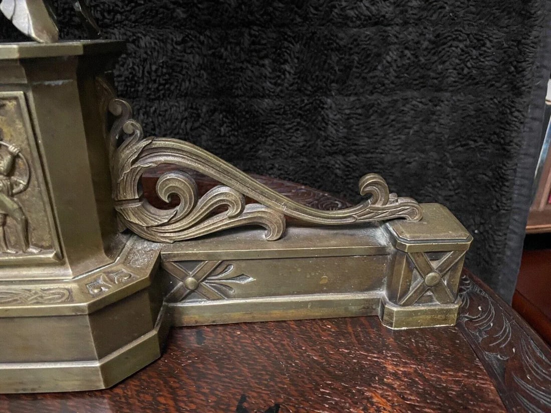 1800s Bronze Neo-Grecian Andirons With Mystical Lamp of Wisdom and Entwined Snakes Serpents - 3 Piec - 6