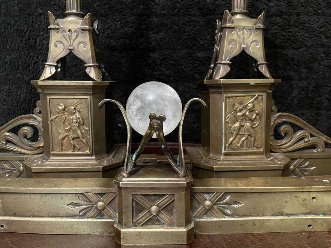 1800s Bronze Neo-Grecian Andirons With Mystical Lamp of Wisdom and Entwined Snakes Serpents - 3 Piec - 7