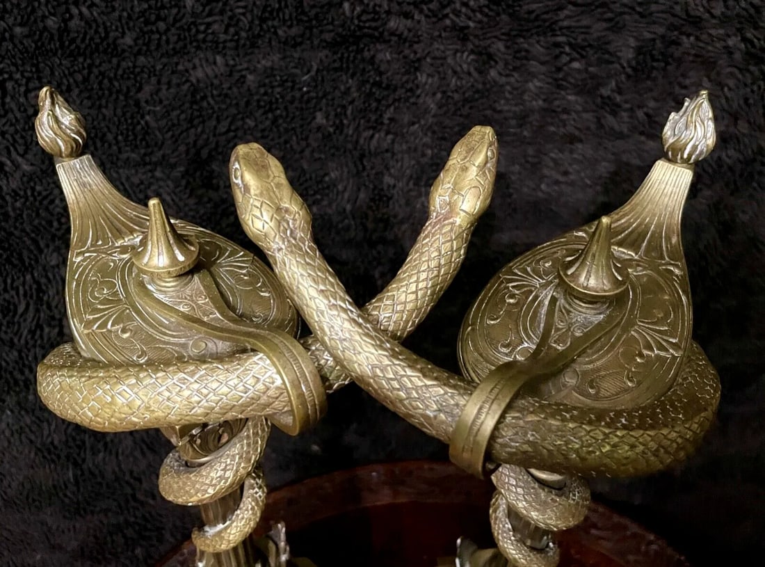 1800s Bronze Neo-Grecian Andirons With Mystical Lamp of Wisdom and Entwined Snakes Serpents - 3 Piec - 8