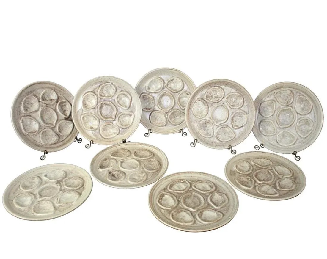 Vintage French Stoneware Oyster Plates- Set of 9 - 10