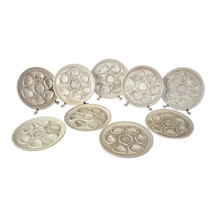 Vintage French Stoneware Oyster Plates- Set of 9: Vintage French Stoneware Oyster Plates | Set of 9 Circa 1980's | Purchased in France Plate stands not included. Condition: Alterations: Original Condition Unaltered Imperfections: Some Imperfections C