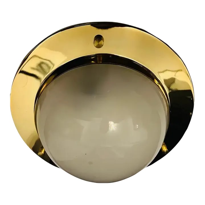 Nautical Azucena 1960 Luigi Caccia Dominioni Italian Mid Century Flush Lamp: A wonderful Nautical style aged polished brass flush light with a frosted glass dome shade by Italian maker, Azucena. Rewired. Condition: Alterations: Original Design Modified Imperfections: Some